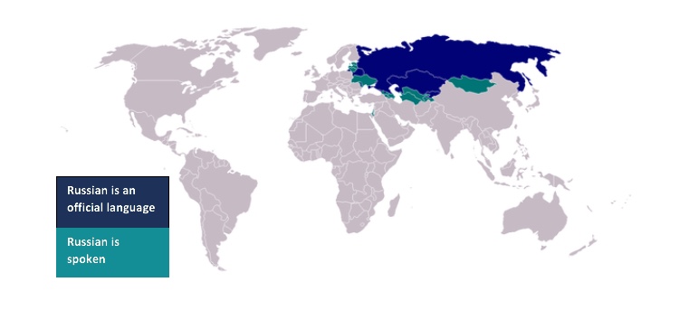 Map of the world that shows the countries where Russian is spoken